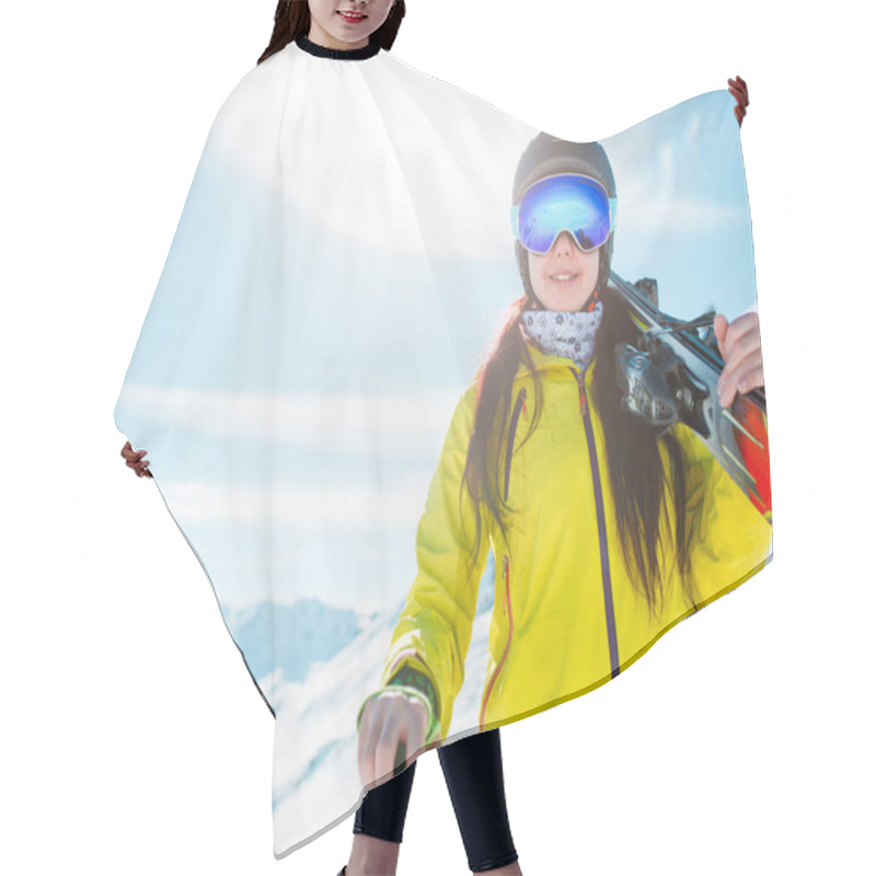 Personality  Photo Of Sports Girl Wearing Helmet, A Mask With Skis On Her Shoulder Hair Cutting Cape