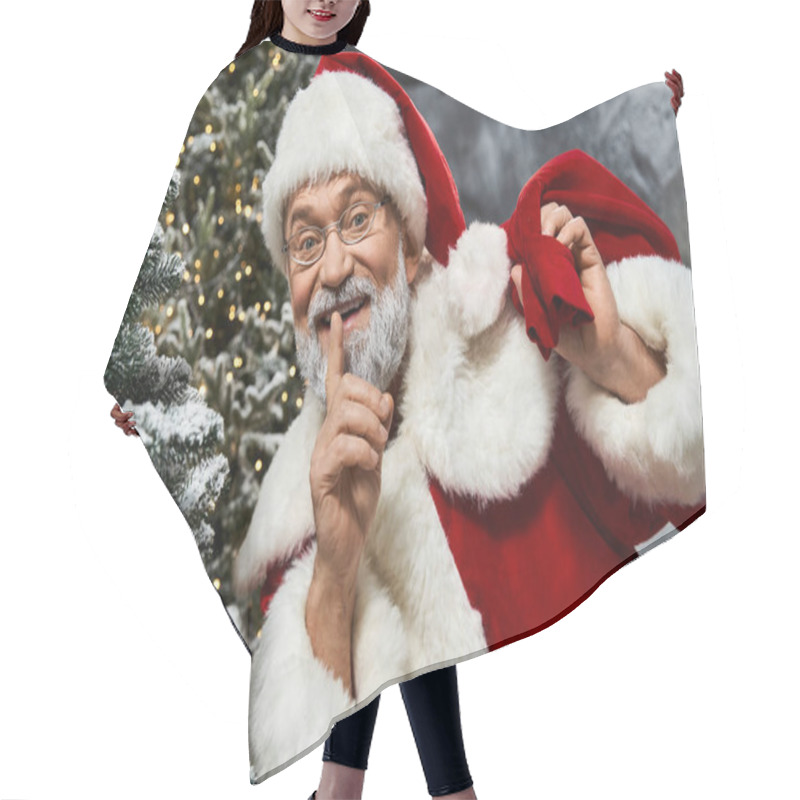 Personality  A Cheerful Santa Claus With A Sparkling Smile Whispers A Secret Amidst Snowy Pine Trees Hair Cutting Cape