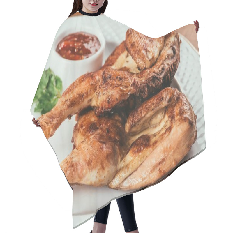 Personality  Grilled Chicken Laying On White Plate With Saucer On Background  Hair Cutting Cape