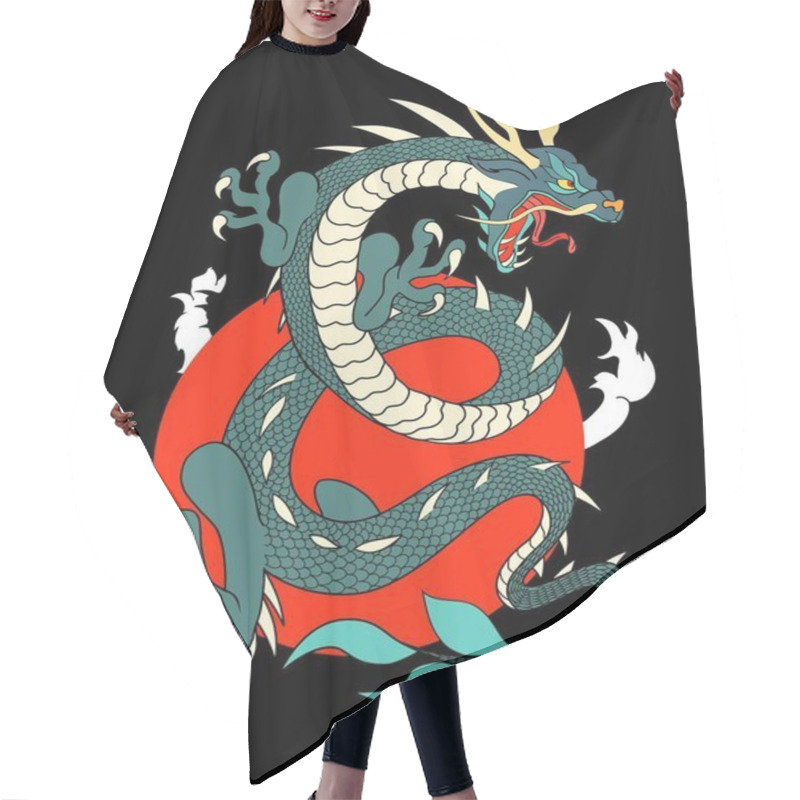 Personality  Japanese Flying Dragon With Red Sun With Floating Clouds On Dark Background Vector Design Hair Cutting Cape