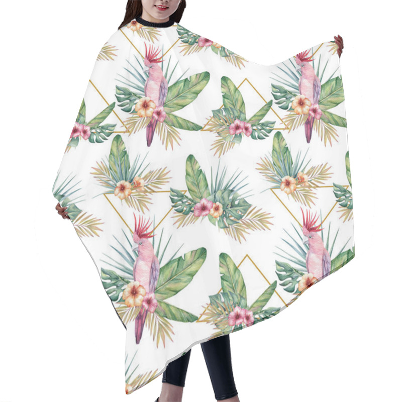 Personality  Watercolor Tropical Seamless Pattern With Parrots, Hibiscus Flowers, Banana And Monstera Leaves. Trendy Pattern With Golden Elements For Wallpapers, Web Page Backgrounds, Fabric And Other Products. Hair Cutting Cape