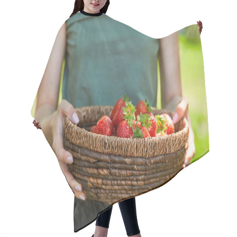 Personality  Cropped View Of Woman Holding Bowl Basket With Tasty Strawberries Hair Cutting Cape