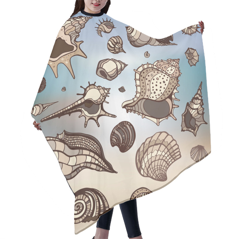 Personality  Sea Shells Set.  Blurred Background. Hair Cutting Cape