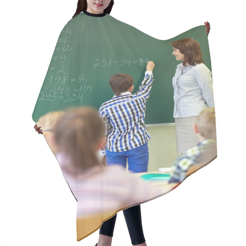 Personality  Teacher And Schoolboy Writing On Chalk Board Hair Cutting Cape