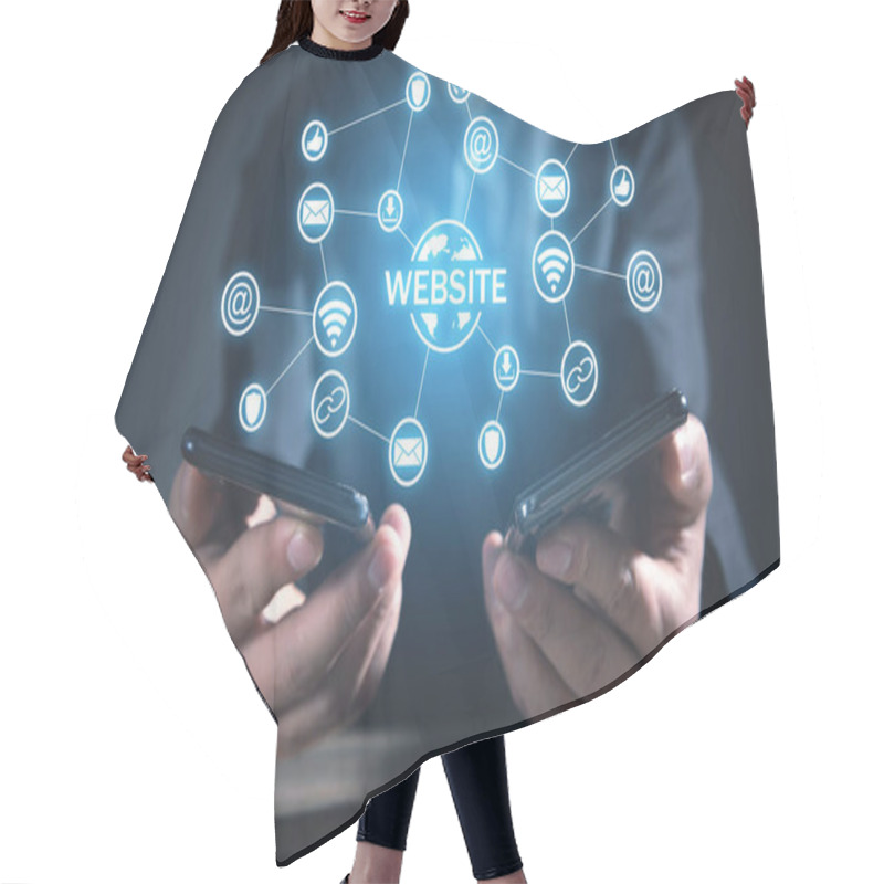 Personality  Man Holding Smartphones. Website Concept Hair Cutting Cape