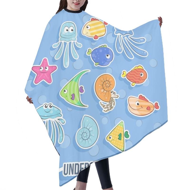 Personality  Set Of Vector Fish And Jellyfish. For Children. Hair Cutting Cape