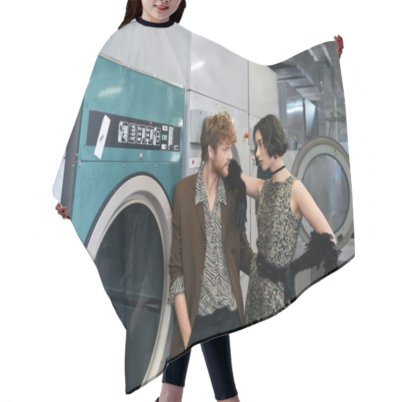 Personality  Fashionable Young Asian Woman Standing Near Redhead Boyfriend In Public Laundry Hair Cutting Cape