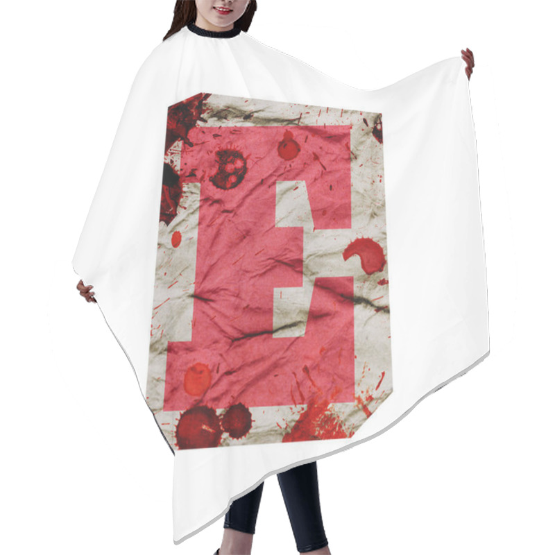 Personality  Cut Out Ransom Alphabet Letter. Blackmail Ransom Kidnapper Anonymous Note Font. English Letter Crumpled Grungy Vintage Old Paper Texture With Blood Splashes Isolated On A White. Collage Style Design Hair Cutting Cape