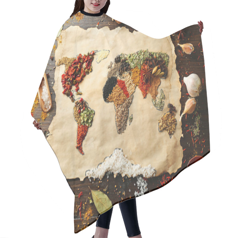 Personality  Map Of World Made From Different Kinds Of Spices On Wooden Background Hair Cutting Cape