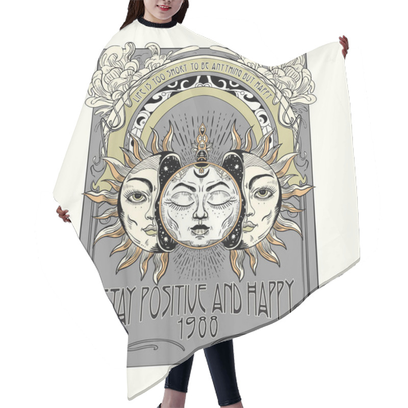 Personality  Stay Positive And Happy. Vector Illustration Of Sun - Astronomy And Astrology Symbol. Vintage, Boho Or Gypsy Style. Astrology And Alchemy Vibes. Hair Cutting Cape