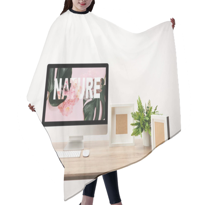 Personality  Computer With Green Leaves And Nature Illustration On Monitor On Wooden Desk Hair Cutting Cape