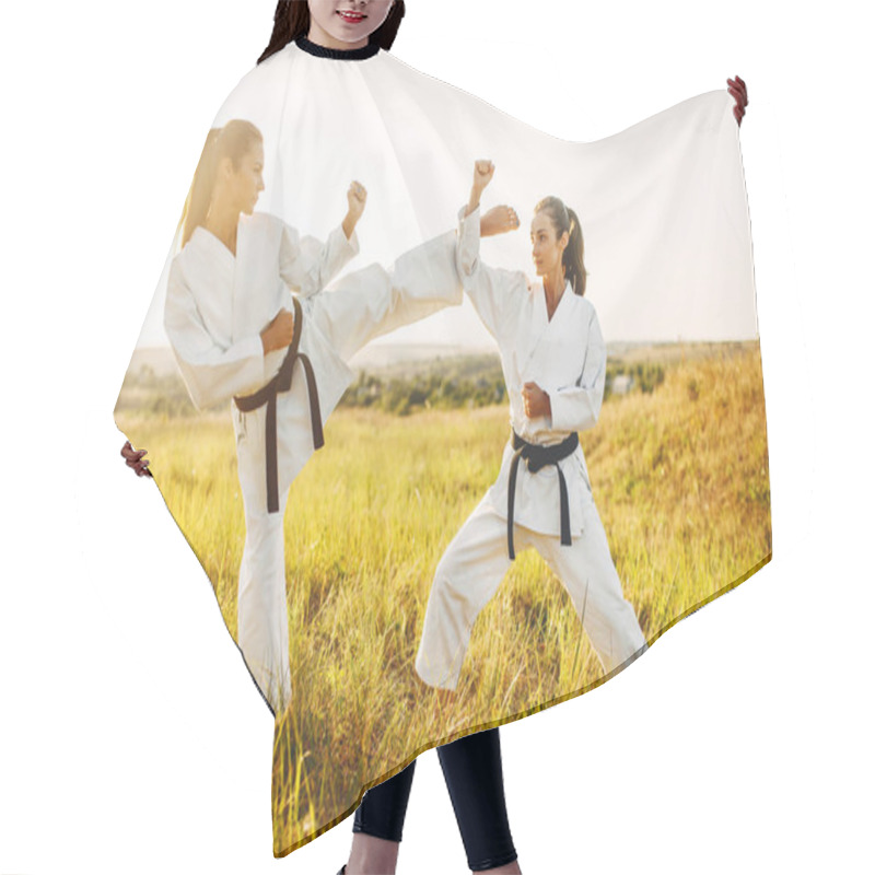 Personality  Two Female Karate With Black Belts Fight In Summer Field. Martial Art Fighters On Workout Outdoor, Technique Practice Hair Cutting Cape