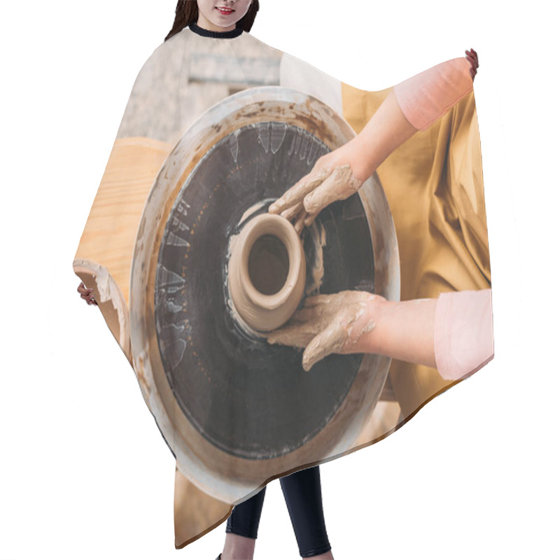 Personality  Cropped View Of Child Making Ceramic Pot With Clay On Pottery Wheel   Hair Cutting Cape