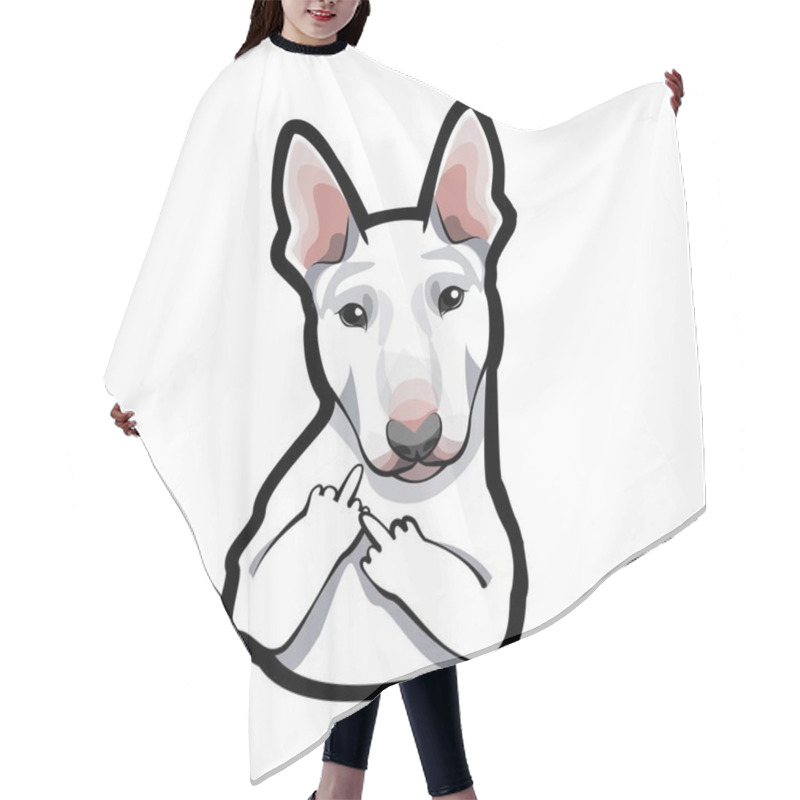 Personality  Dog Bull Terrier On White Background With Middle Finger. Hair Cutting Cape