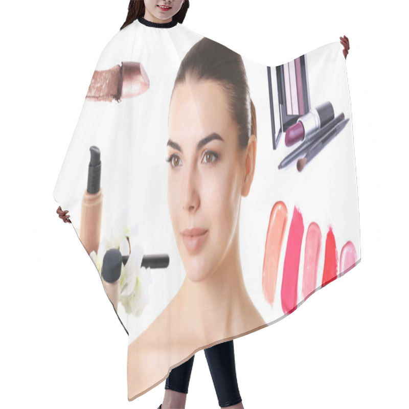 Personality  Beautiful Woman Face With Professional Makeup Details. Hair Cutting Cape