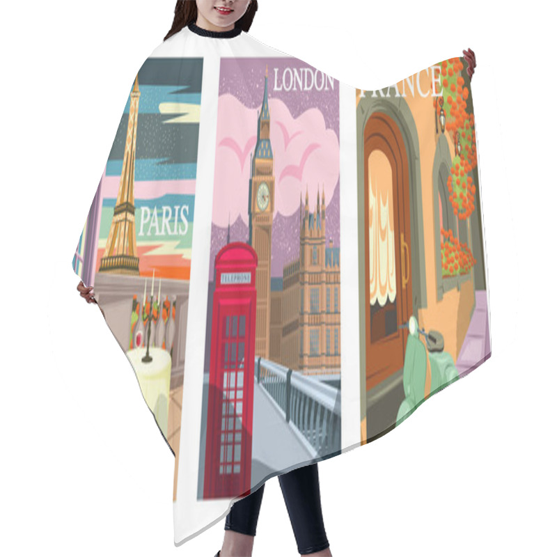 Personality  Set Of Travel Destination Posters. Cityscapes Of London And Paris With Famous Architectural Landmarks. Tourism And Journey In Europe. Cartoon Flat Vector Illustrations Isolated On White Background Hair Cutting Cape