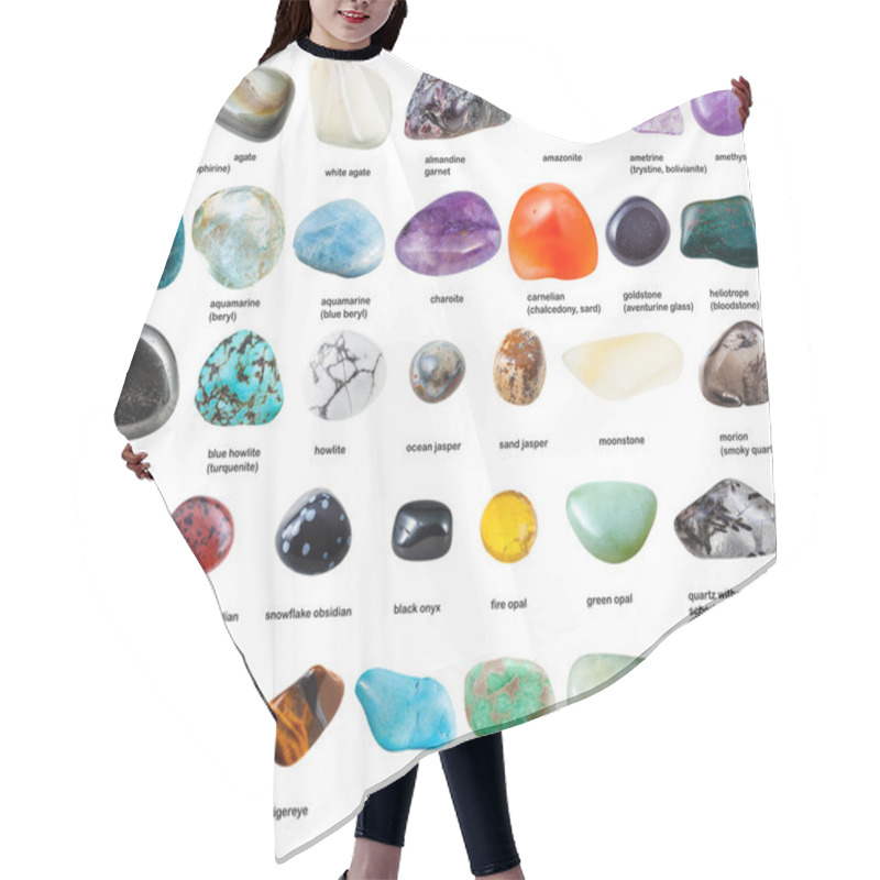 Personality  Various Polished Gemstones With Names Isolated Hair Cutting Cape