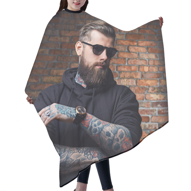 Personality  Modern Bearded Hipster Male In Hoodie  Hair Cutting Cape