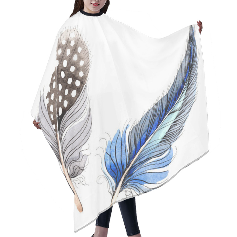 Personality  Watercolor Blue And Black Bird Feather From Wing Isolated. Aquarelle Feather For Background. Watercolour Drawing Fashion. Isolated Feathers Illustration Element. Hair Cutting Cape