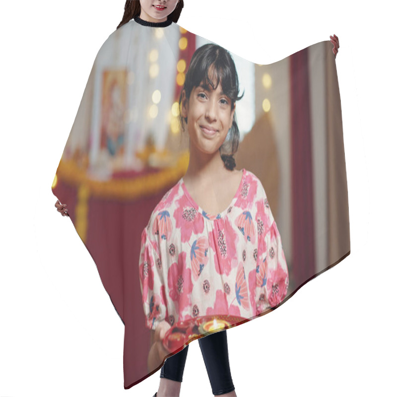 Personality  Smiling Young Girl Dressed In Festive Attire Holding Decorative Plate With Lights And Decorations In Background. Festive Atmosphere Enhanced By Warm Lighting And Traditional Elements Hair Cutting Cape