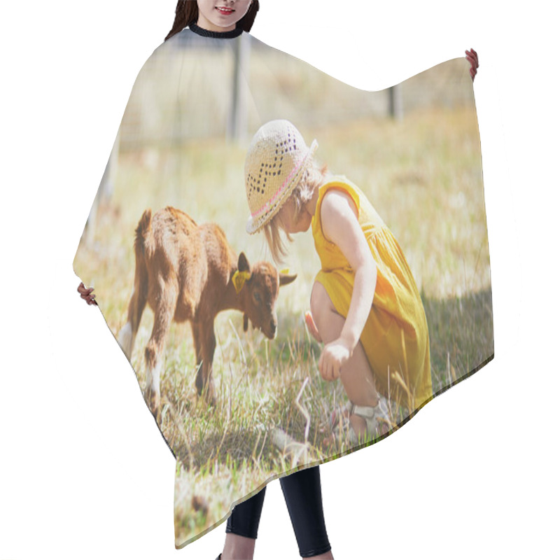 Personality  Adorable Toddler Girl In Yellow Dress And Straw Hat Playing With Goats At Farm. Child Familiarizing Herself With Animals. Farming And Gardening For Small Children. Outdoor Summer Activities For Kids Hair Cutting Cape