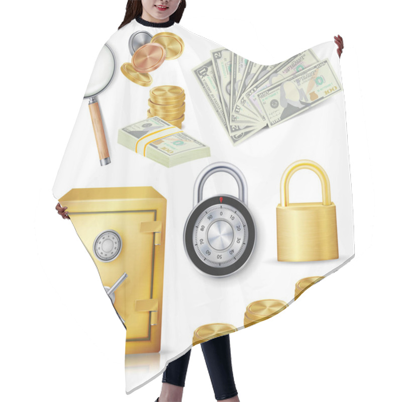 Personality  Money Secure Concept Vector. Gold Metal Coins, Money Banknotes Stacks, Encryption Padlock, Safe, Realistic Magnifying Glass. Commercial Investment Illustration Isolated On White Background Hair Cutting Cape