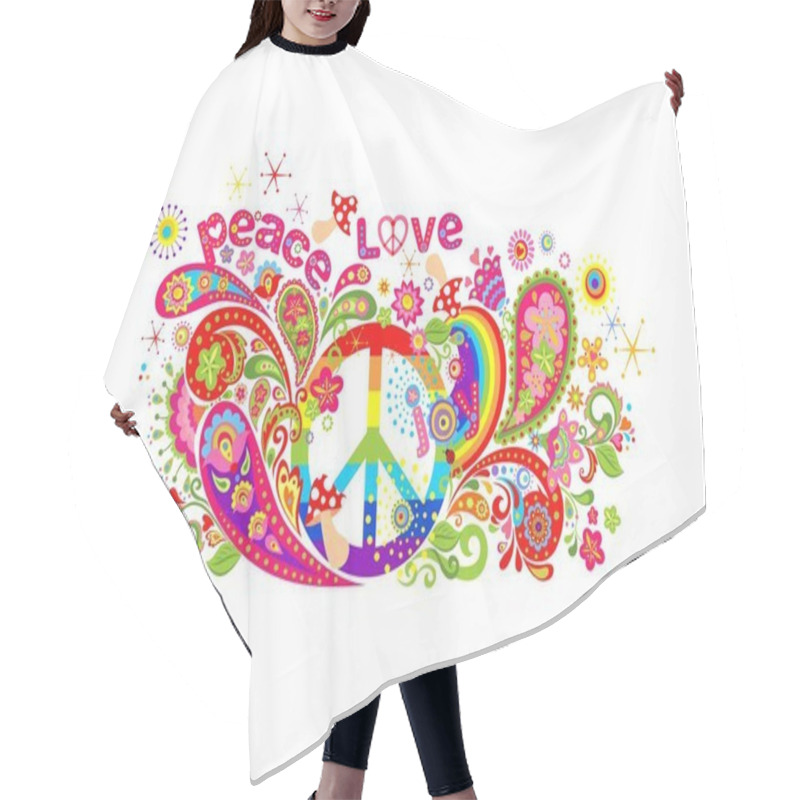 Personality  Colorful T-shirt Design With Hippie Peace Symbol, Abstract Flowers, Mushrooms, Paisley And Rainbow On White Background Hair Cutting Cape