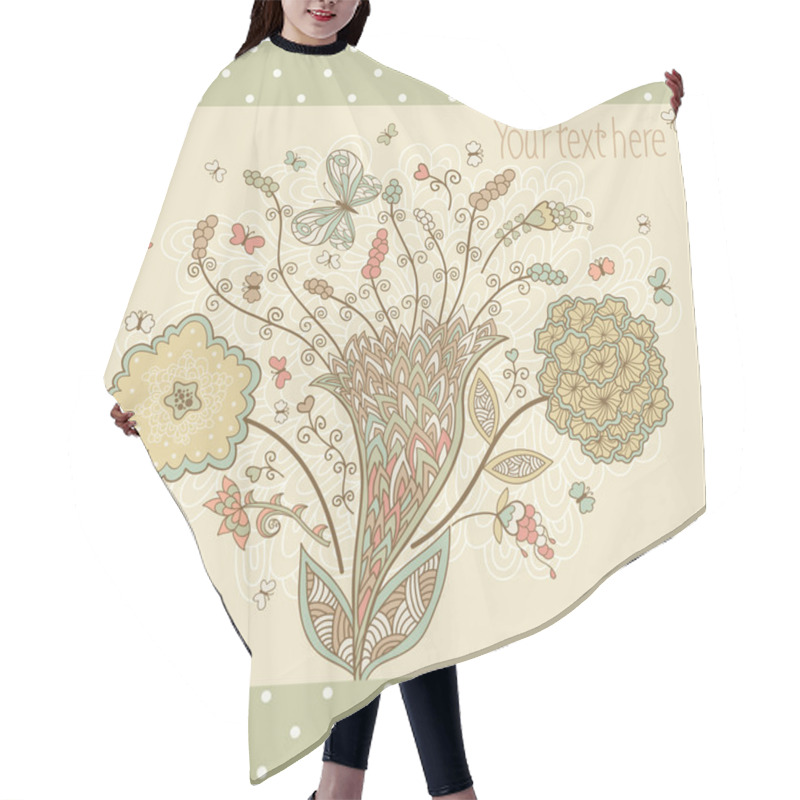 Personality  Card With Flowers And Butterflies. Hair Cutting Cape