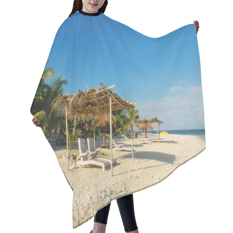 Personality  Sun Chairs With Thatched Umbrella On A White Sandy Beach, South Sea Island, Mamanuca Group, Fiji. Hair Cutting Cape