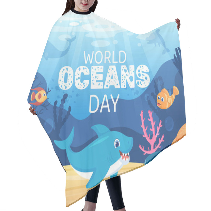 Personality  World Ocean Day Cartoon Illustration With Underwater Scenery, Various Fish Animals, Corals And Marine Plants Dedicated To Helping Protect Or Preserve Hair Cutting Cape