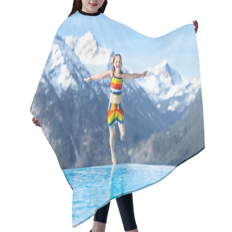 Personality  Child In Outdoor Swimming Pool Of Alpine Resort Hair Cutting Cape