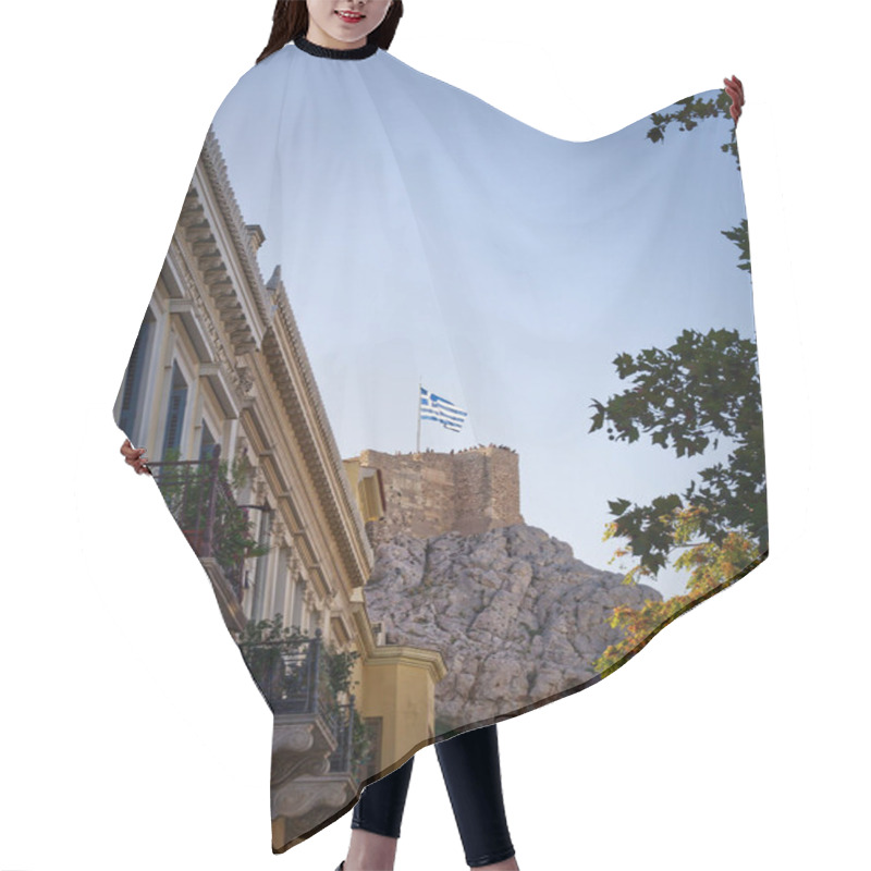 Personality  Acropolis With Greek Flag View From Plaka, Athens, Greece. High Quality Photo Hair Cutting Cape