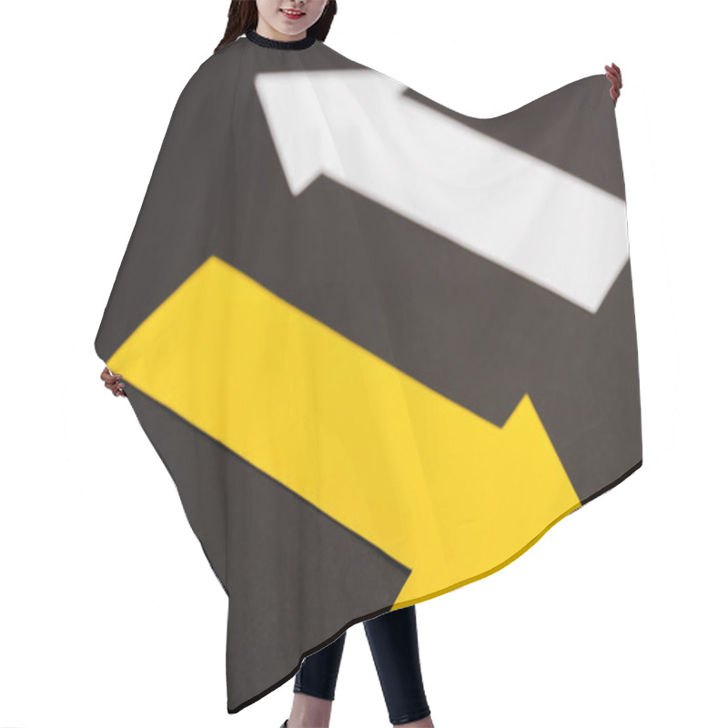 Personality  Selective Focus Of Yellow Directional Arrow Isolated On Black  Hair Cutting Cape