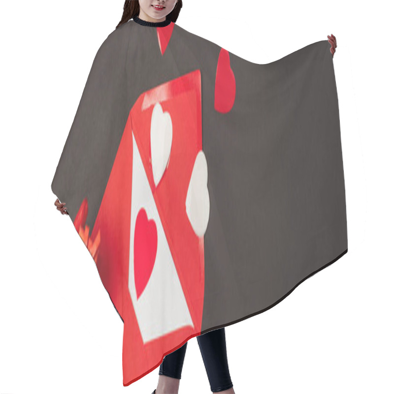 Personality  Cropped View Of Person In Red Glove Holding Tiny Gift Box Near Envelope And Paper Cut Hearts Isolated On Black, Banner  Hair Cutting Cape