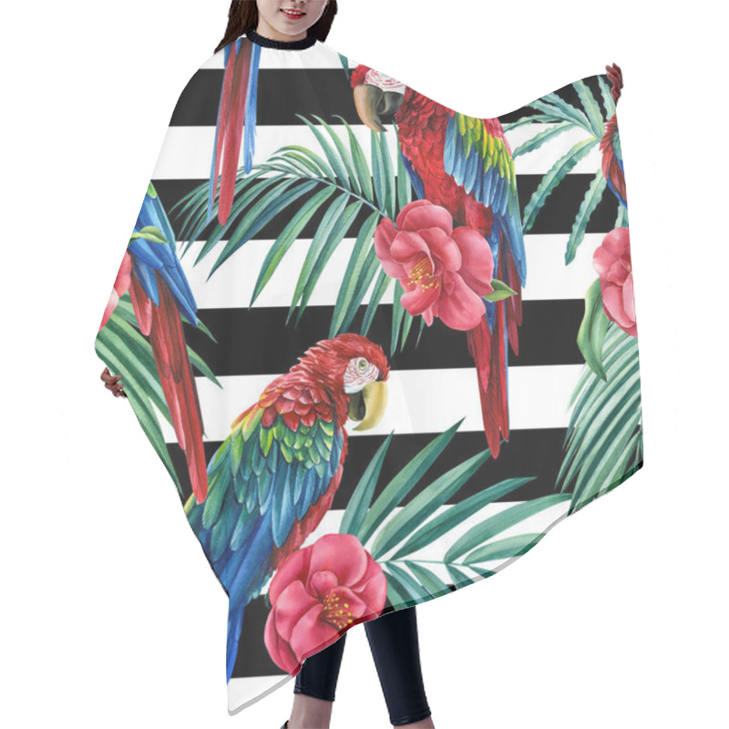 Personality  Seamless Pattern Of Tropical Birds, Parrot And Palm Leaves With Camellia Flowers On A Black White Geometric Background Hair Cutting Cape