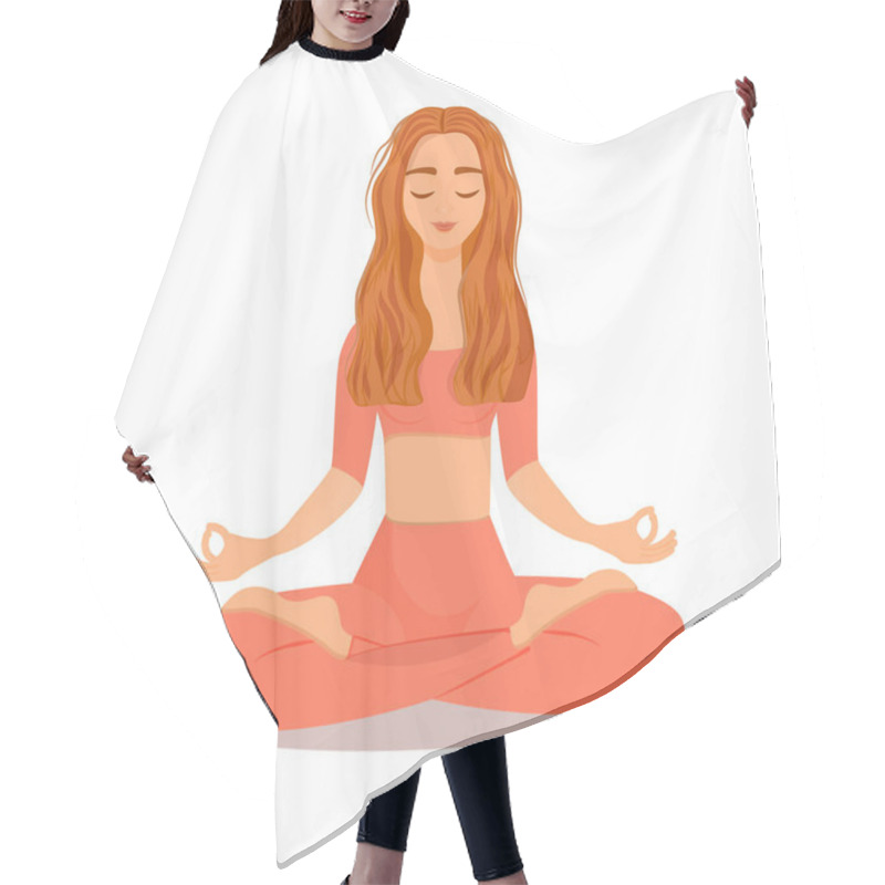 Personality  Young Red Haired Girl Sitting In Lotus Pose At Home. Vector Illustration Isolated On White Background Of The Woman Doing Yoga, Meditation, Healthy Lifestyle. Crossed Legs. Hair Cutting Cape