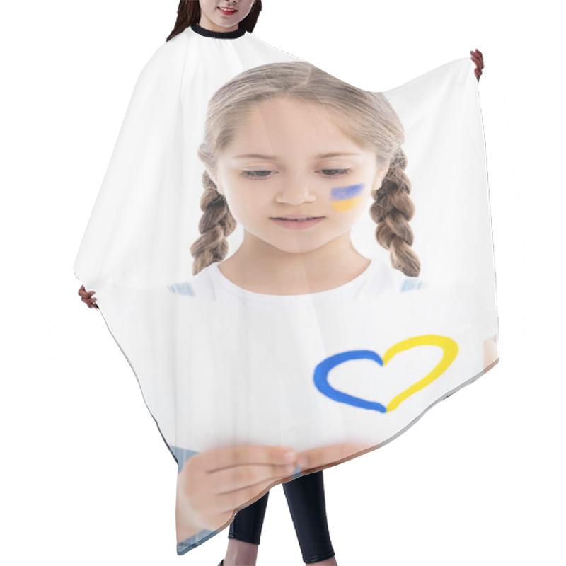 Personality  Girl With Ukrainian Flag On Face Reading Card With Blue And Yellow Heart Isolated On White Hair Cutting Cape