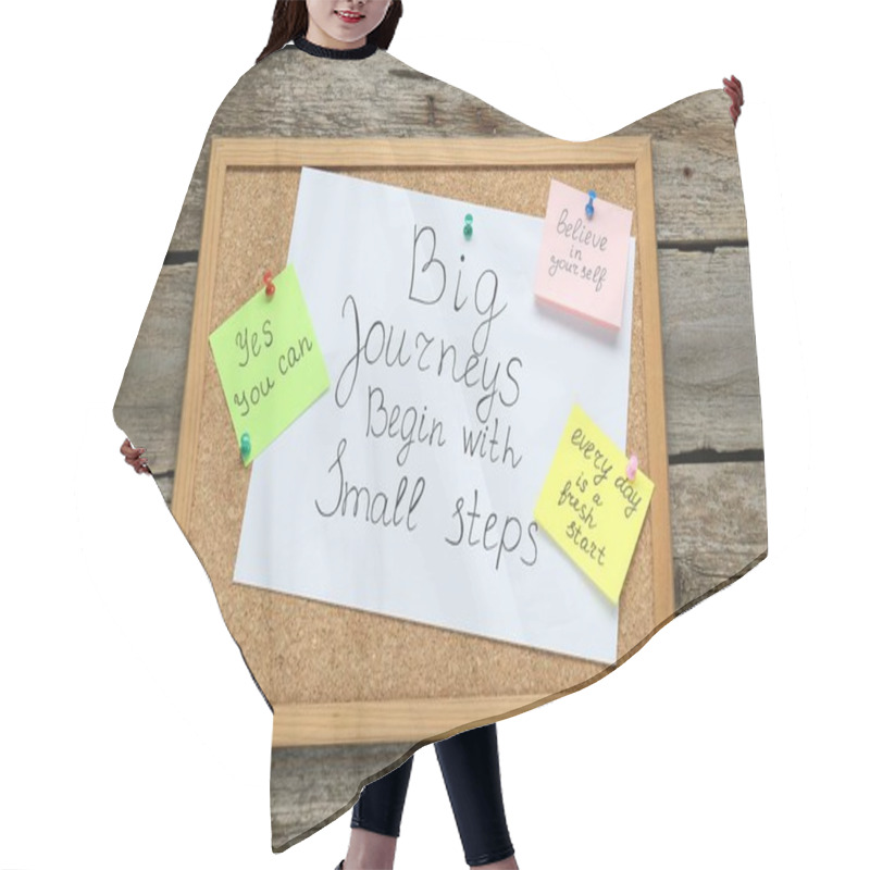 Personality  Corkboard With Motivational Quotes On Wooden Table, Top View Hair Cutting Cape