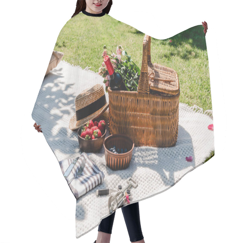 Personality  Wicker Basket With Roses And Wine On White Blanket Near Straw Hat, Cutlery On Napkin And Berries At Sunny Day In Garden Hair Cutting Cape