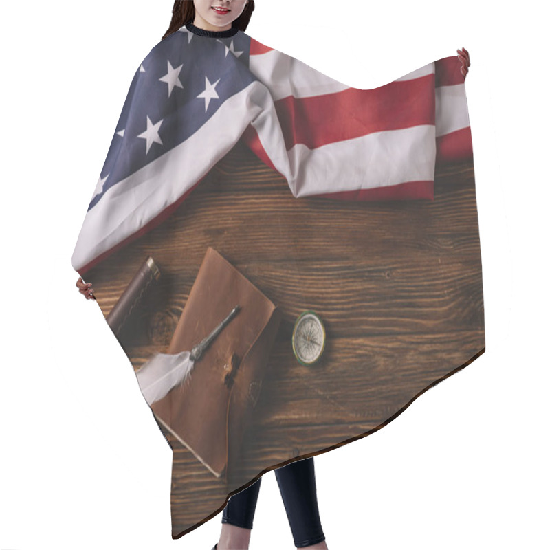 Personality  Top View Of Leather Notebook, Telescope, Nib And Compass On Wooden Surface With American National Flag Hair Cutting Cape