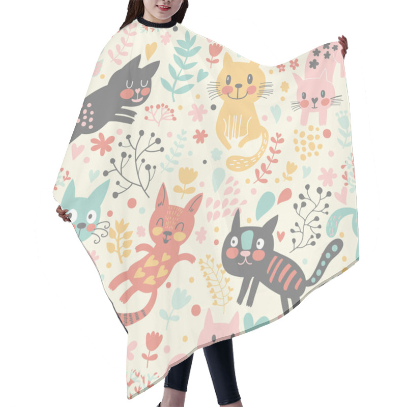 Personality  Childish Seamless Pattern With Funny Cats Hair Cutting Cape