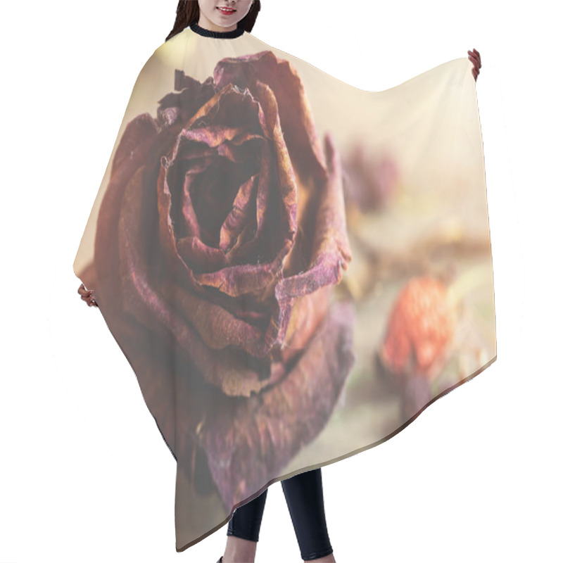 Personality  Beautiful Dried Red Rose Flower On A Wooden Background Hair Cutting Cape