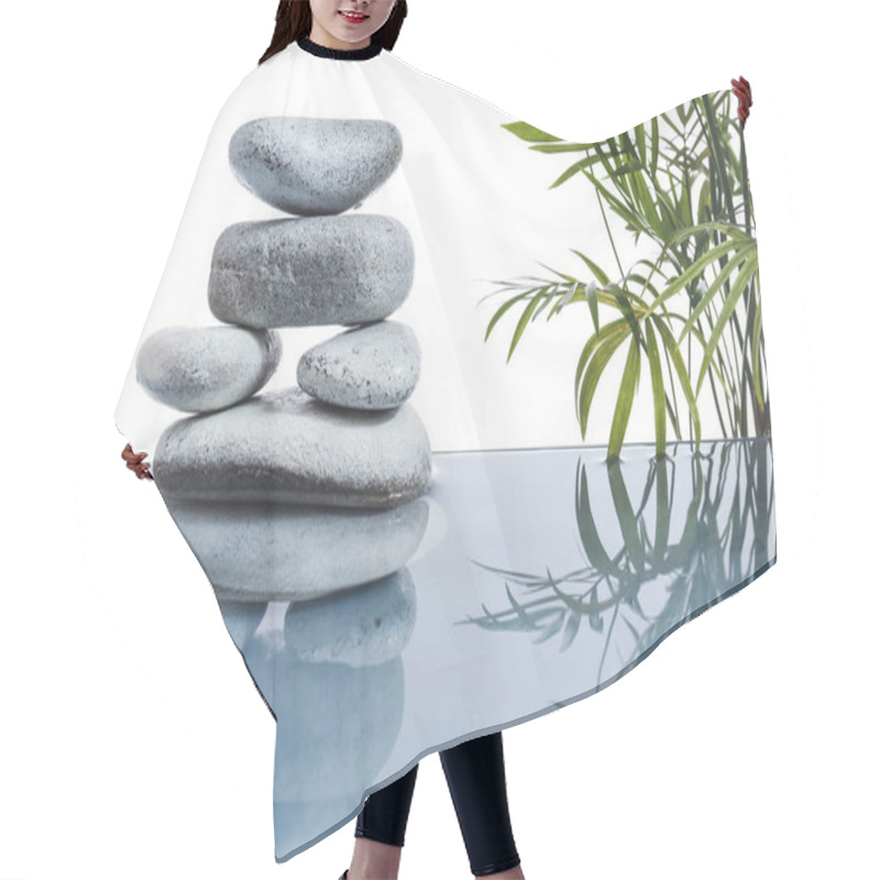 Personality  Stack Of Spa Stones And Tropical Branches In Water On White Background Hair Cutting Cape