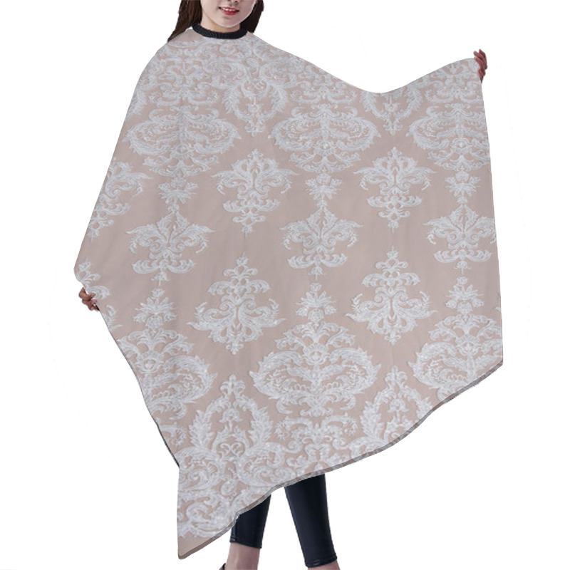 Personality  Texture Lace Fabric. Lace On White Background Studio. Thin Fabric Made Of Yarn Or Thread. A Background Image Of Ivory-colored Lace Cloth. White Lace On Beige Background. Hair Cutting Cape