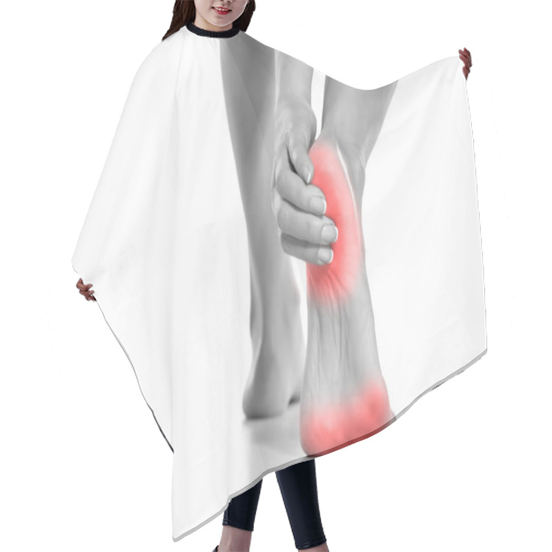 Personality  Woman Touching Her Painful Heel On White Background Hair Cutting Cape