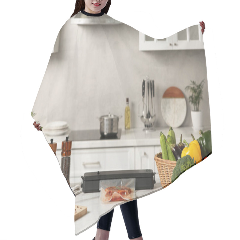 Personality  Sealer For Vacuum Packing With Meat In Plastic Bag On White Kitchen Table Hair Cutting Cape