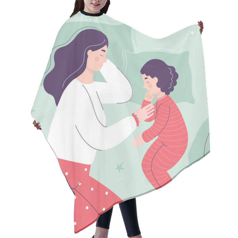 Personality  Beautiful Mom And Daughter Are Sleeping In Bed. The Concept Of Children Sleeping Together With Parents. Flat Vector Cartoon Illustration Hair Cutting Cape