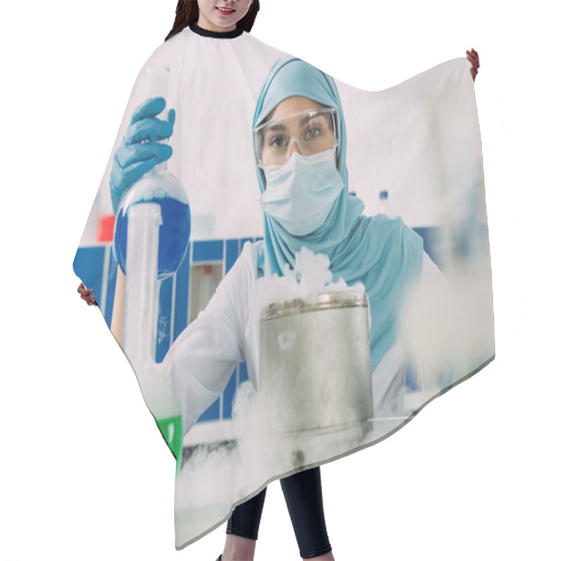 Personality  Female Muslim Scientist Holding Flask During Experiment With Dry Ice In Chemical Laboratory Hair Cutting Cape