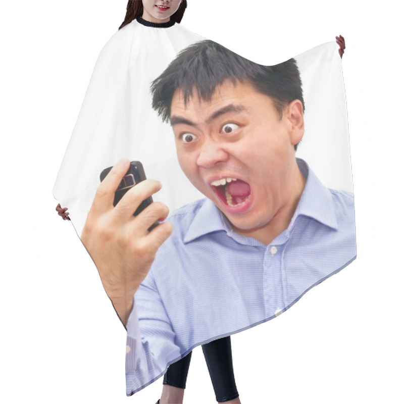 Personality  Crazy Angry Asian Man Yelling At Phone Hair Cutting Cape