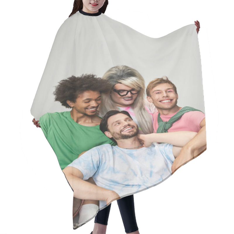 Personality  A Group Of Four Friends Joyfully Posing Together, Showcasing Vibrant Outfits And Smiles. Hair Cutting Cape